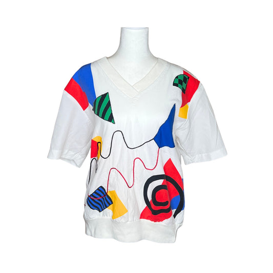 Vintage 80s Multi-color Abstract Geometric Top Artsy Groovy Maximalist Clowncore