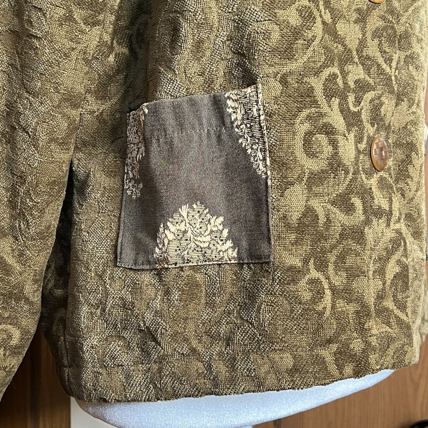 Odile Anthropologie Womens Tapestry Jacquard Jacket Size S Khaki Green Gold Vintage Inspired Artsy Eclectic Avant Garde