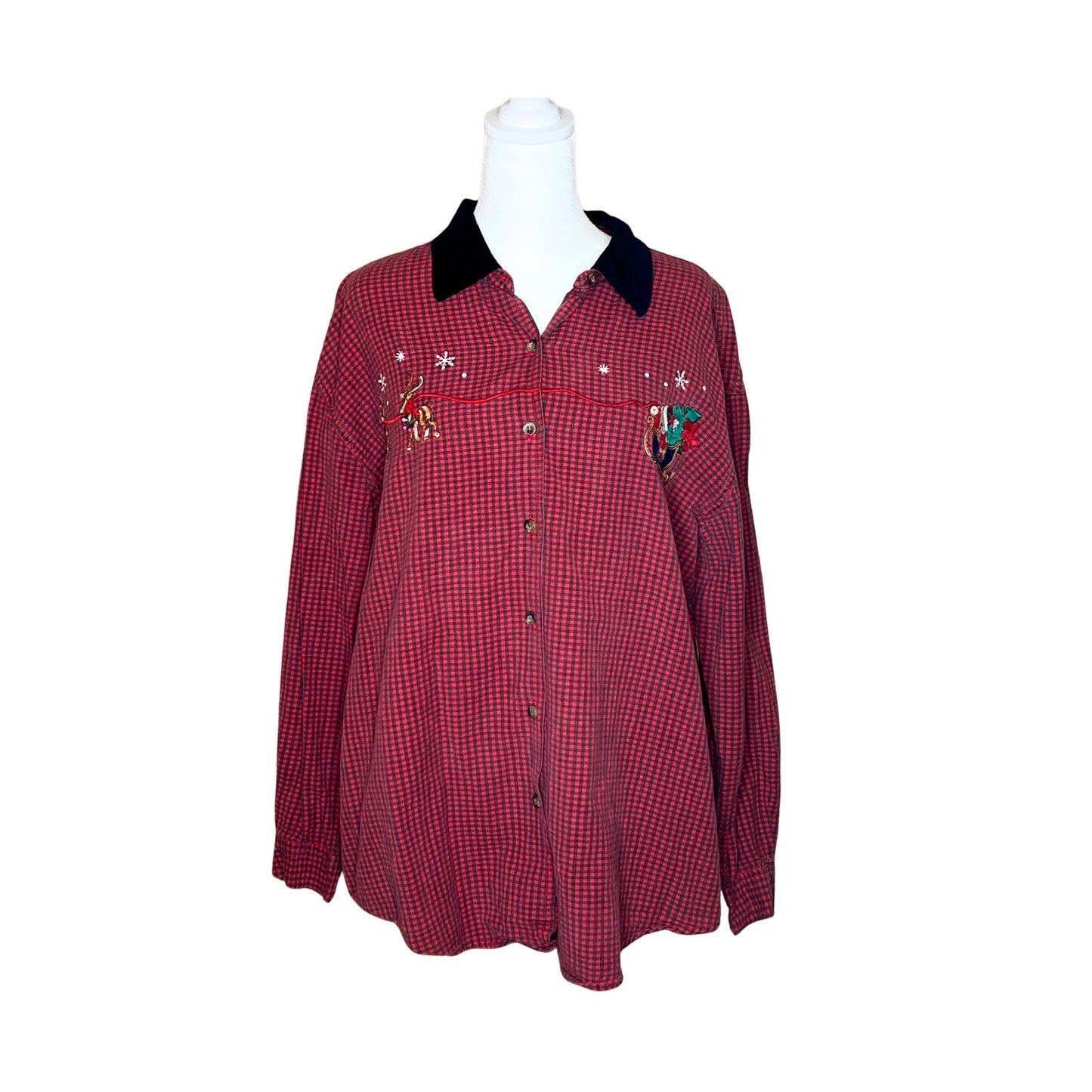 Vtg Nutcracker Christmas Shirt XL Plaid Embroidered Velvet Collar Holiday Retro