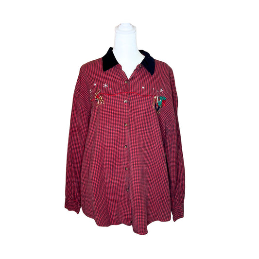 Vtg Nutcracker Christmas Shirt XL Plaid Embroidered Velvet Collar Holiday Retro