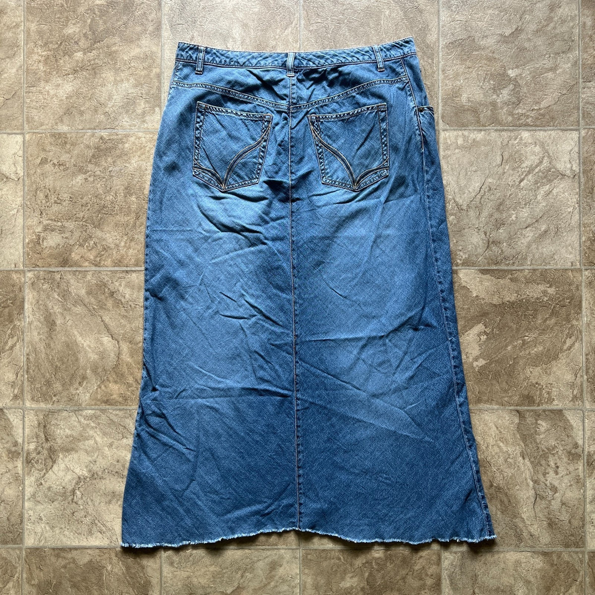 Vtg Y2K Venezia Denim Maxi Skirt 14 Raw Hem Boho Hippie Whimsigoth Indie Grunge