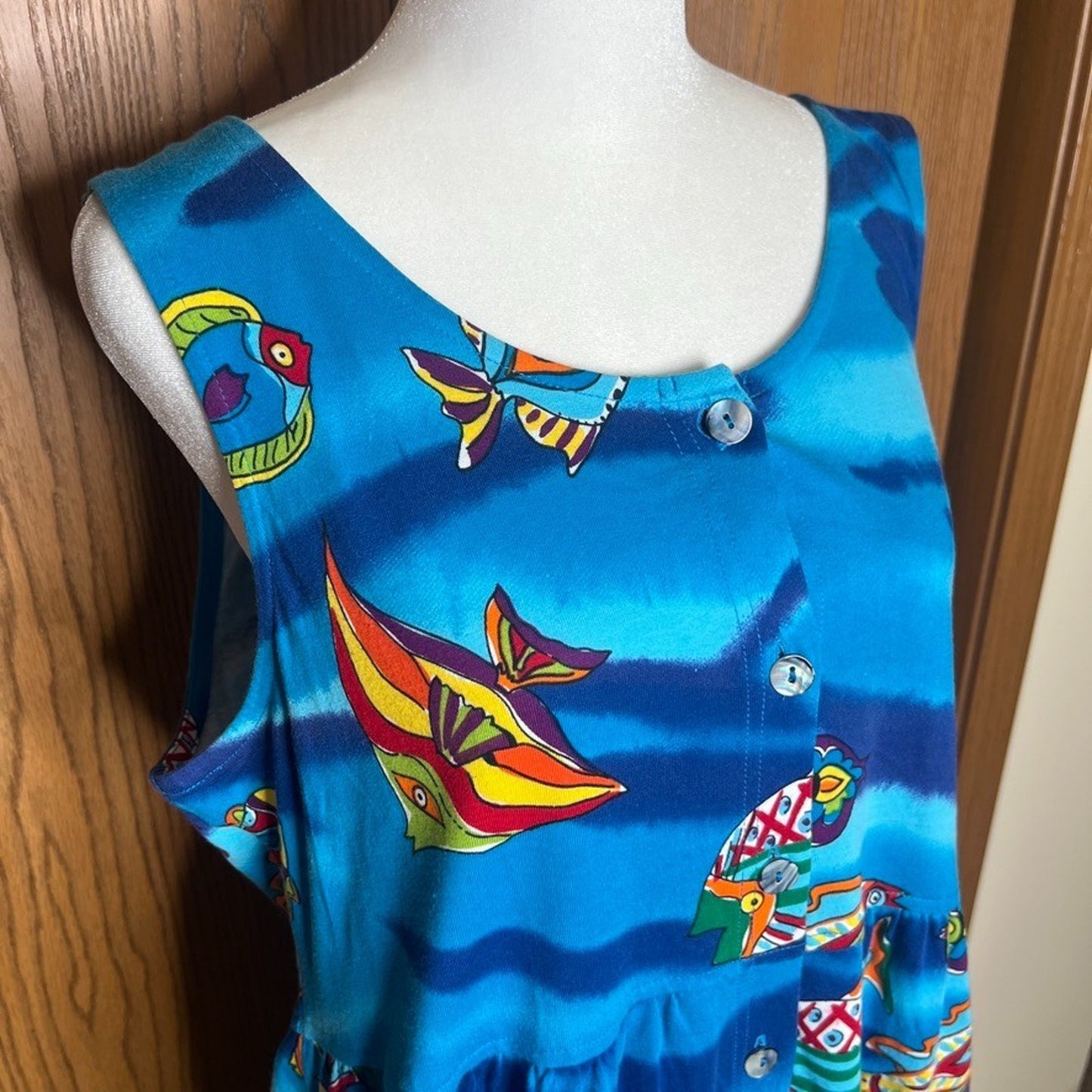 Vtg 90s Carole Little Fish Print Maxi Dress Multi-color Novelty Resort Tropical