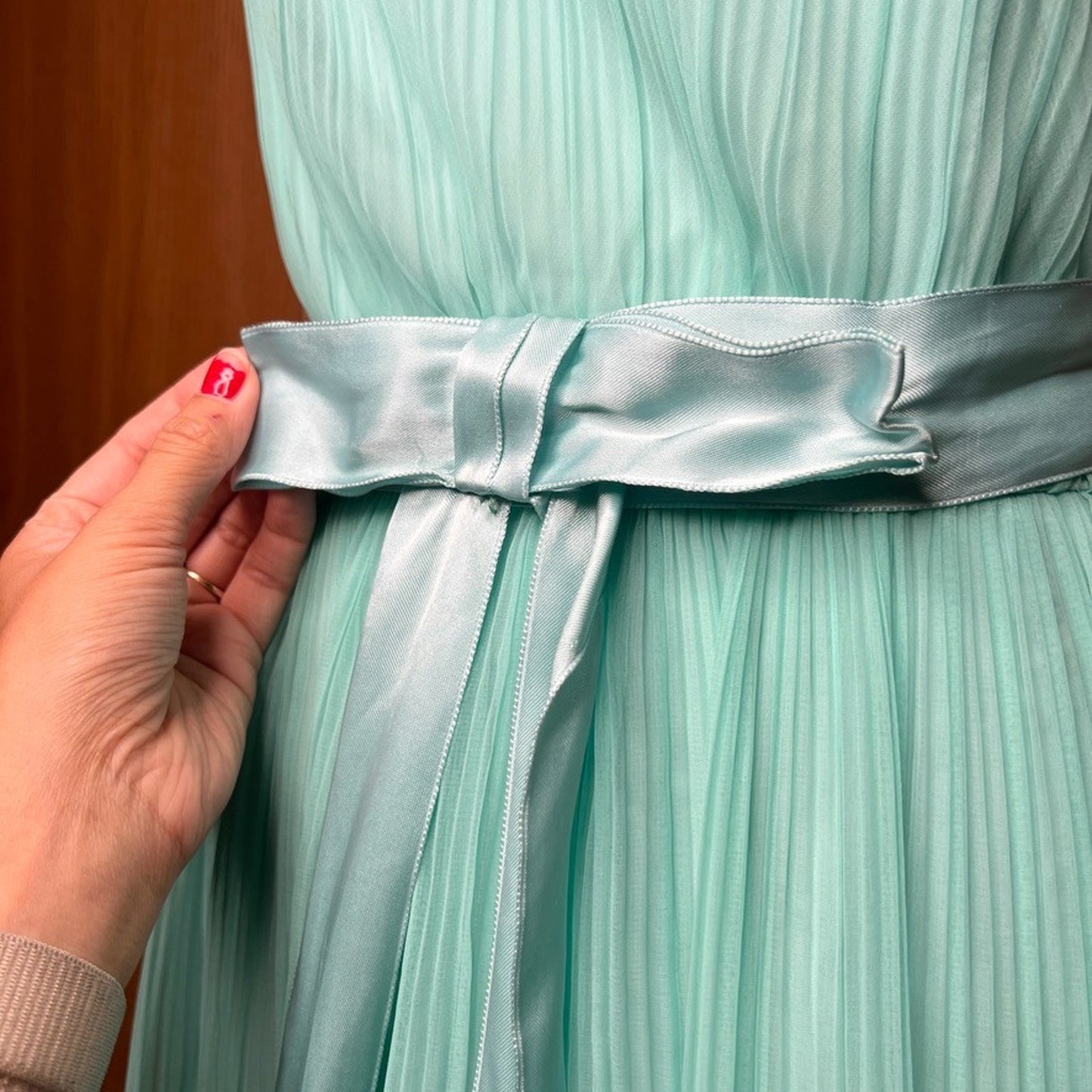 Vtg 60s Miss Eliette Maxi Gown 10 Seafoam Pleated Formal Bridesmaid Goddess Prom
