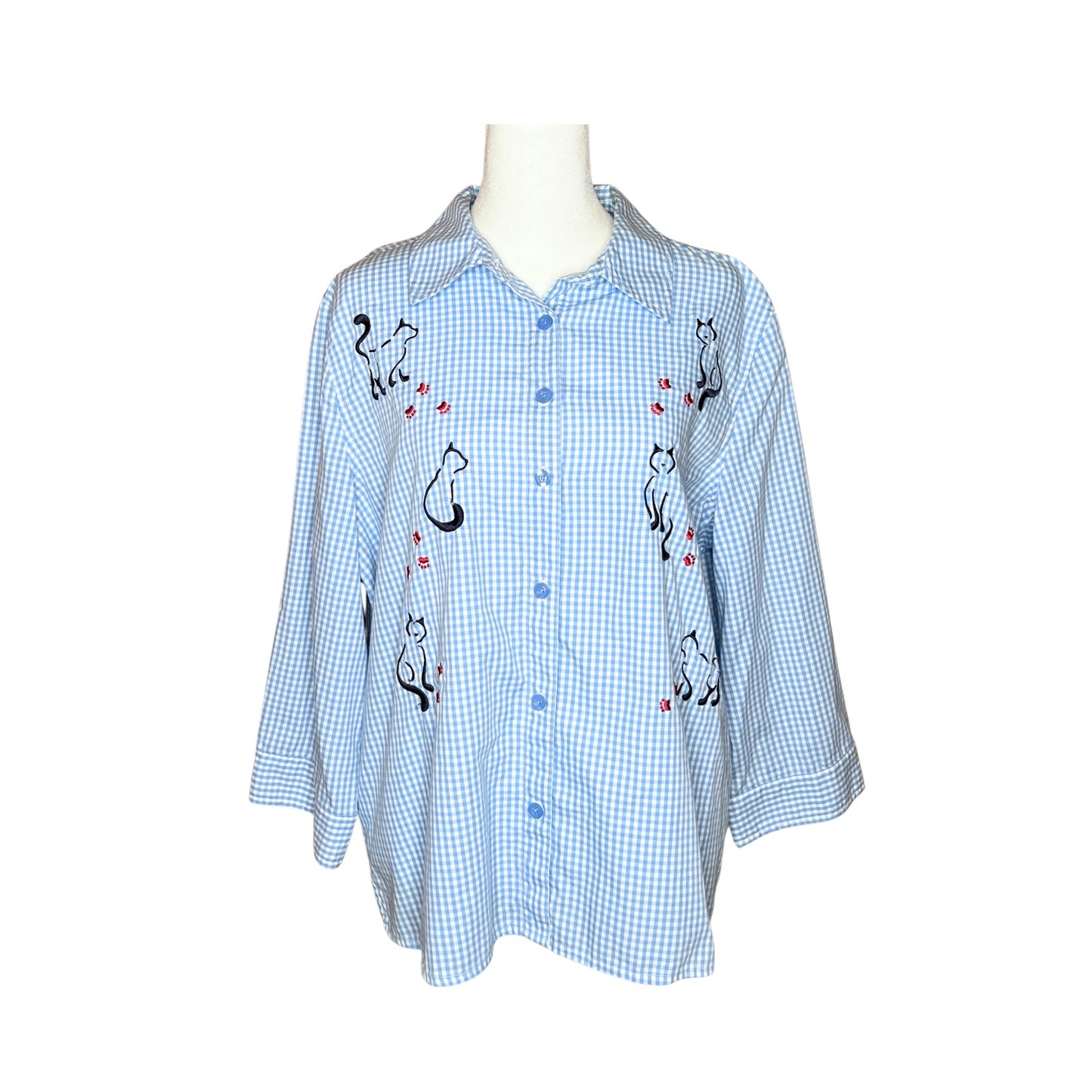 Vtg Breckenridge Embroidered Cat Button-up Gingham Cottage Whimsical Farmhouse