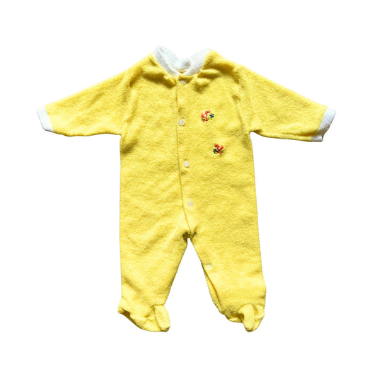 Vtg Terrycloth Sleeper Sunny Yellow Embroidered Dinosaur Retro Kidcore Kitschy