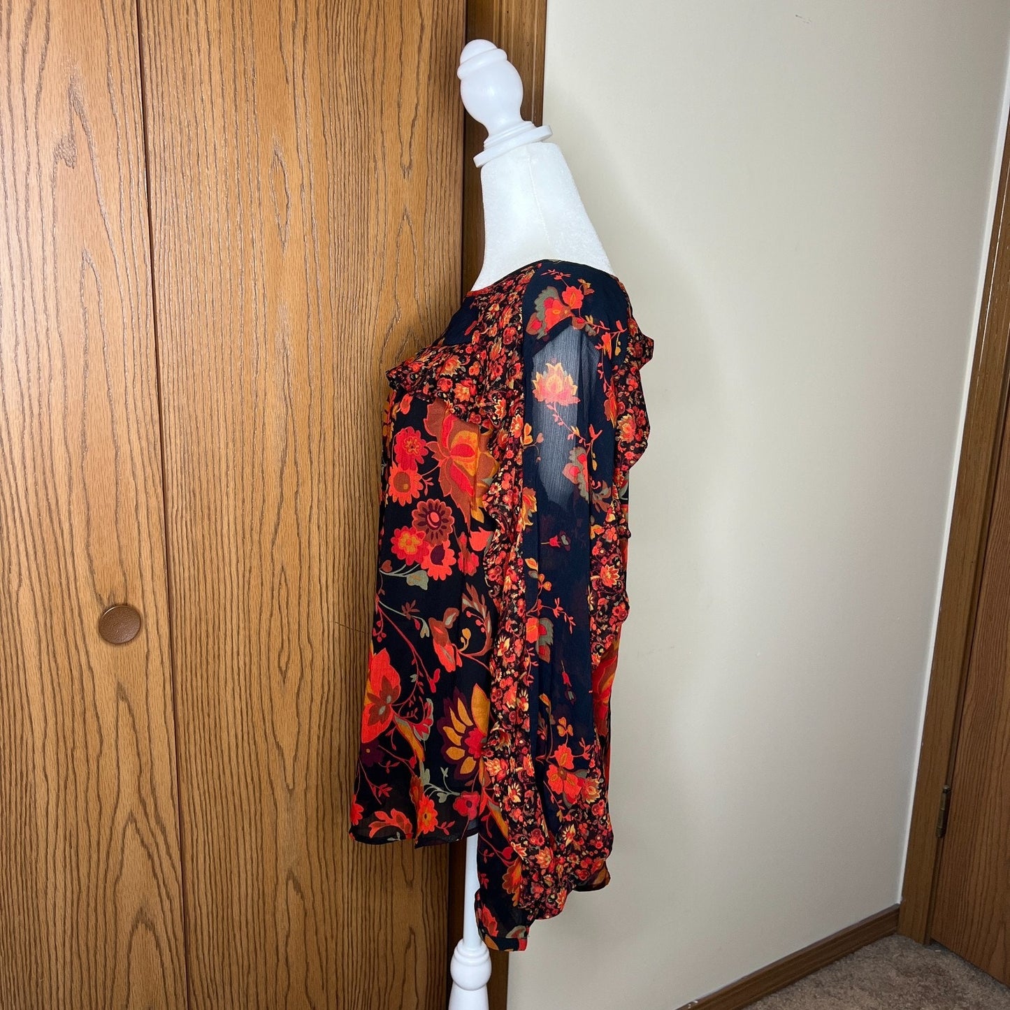 Loft Floral Ruffled Blouse M Black Multi-color Boho Whimsigoth Romantic Hippie