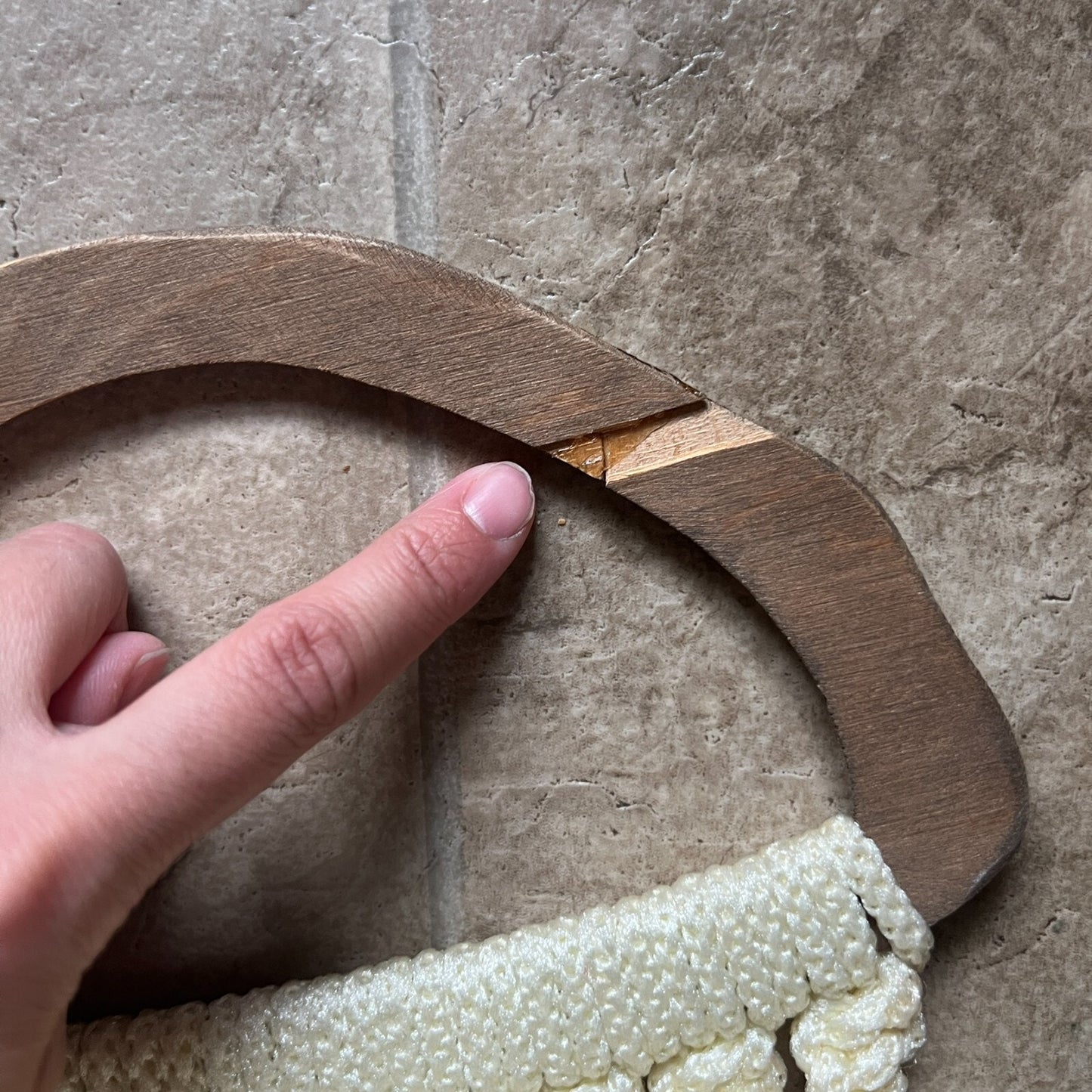 Vintage Macrame Wooden Handle Bag Crochet Cream Floral Lining