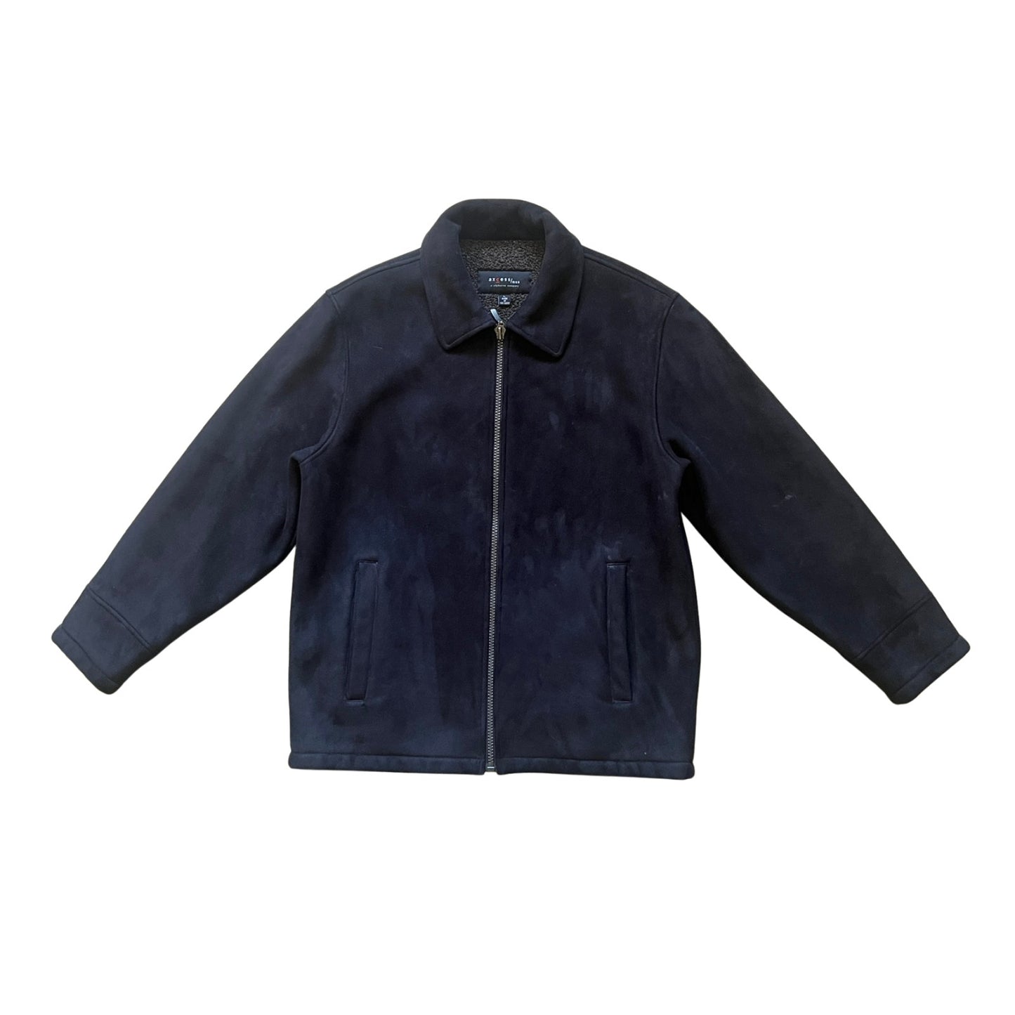 Vintage Axcess Mens Faux Suede Leather Jacket Size L Black Sherpa Lined Full Zip Goth Grunge Classic