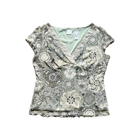 Vintage Y2K Emma James Womens Babydoll Top Size L Sage Green Cream Floral Lace Mesh Sequins