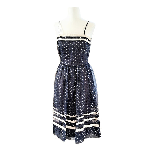 Vintage 60s Kappi Womens Dress Navy White Polka Dot Cottagecore Rockabilly