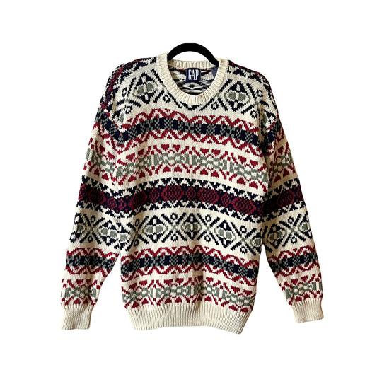 Vintage 90s Gap Mens Knit Sweater Size M Cream Red Navy Fair Isle Christmas Holiday Cabincore Winter Classic Timeless