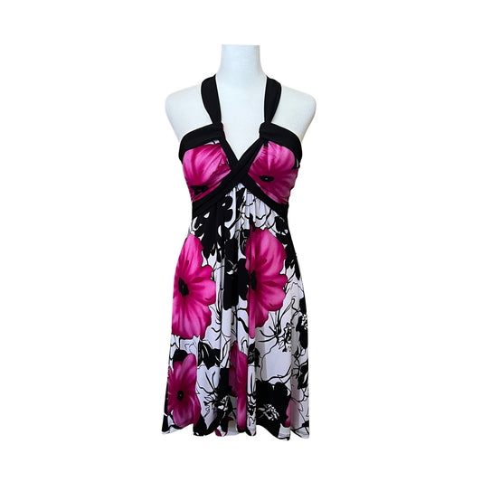 Vtg Y2K Babydoll Halter Dress Size S Black Pink Floral Slinky Feminine Fairy Resort