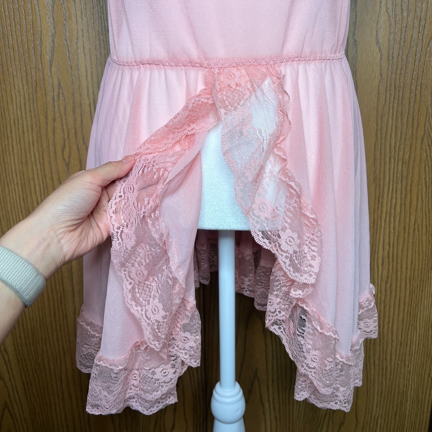 Womens Babydoll Slip Dress L Pink Sheer Lace Bow Coquette Soft Girl Feminine