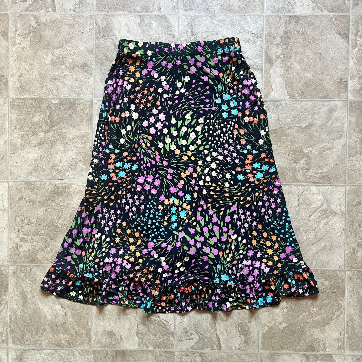 Robert Louis Floral Midi Skirt M Black Multi-color Garden Whimsical Feminine
