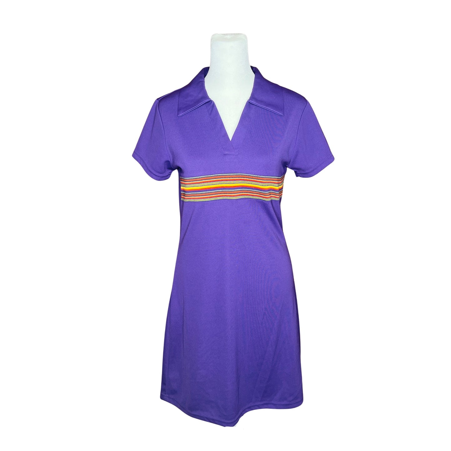 Vtg 90s Express Tricot Collared Polo Dress S Purple Rainbow Groovy Mod Sporty