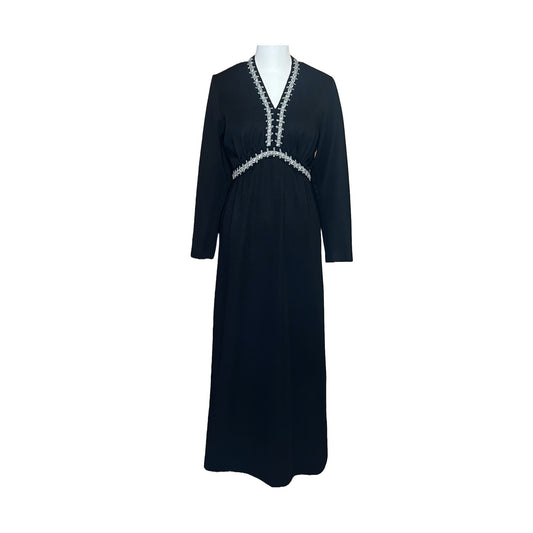 Vintage 70s Womens Black Maxi Dress Embellished Tinsel Empire Waist Witchy Whimsigoth
