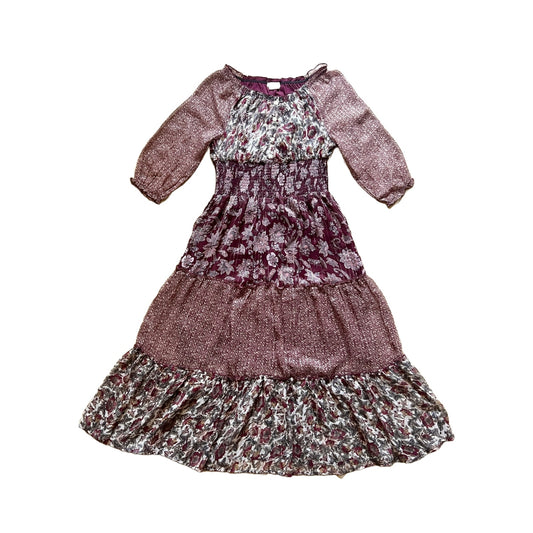 Sweet Magna Womens Maxi Dress Burgundy Purple Paisley Mixed Pattern Smocked