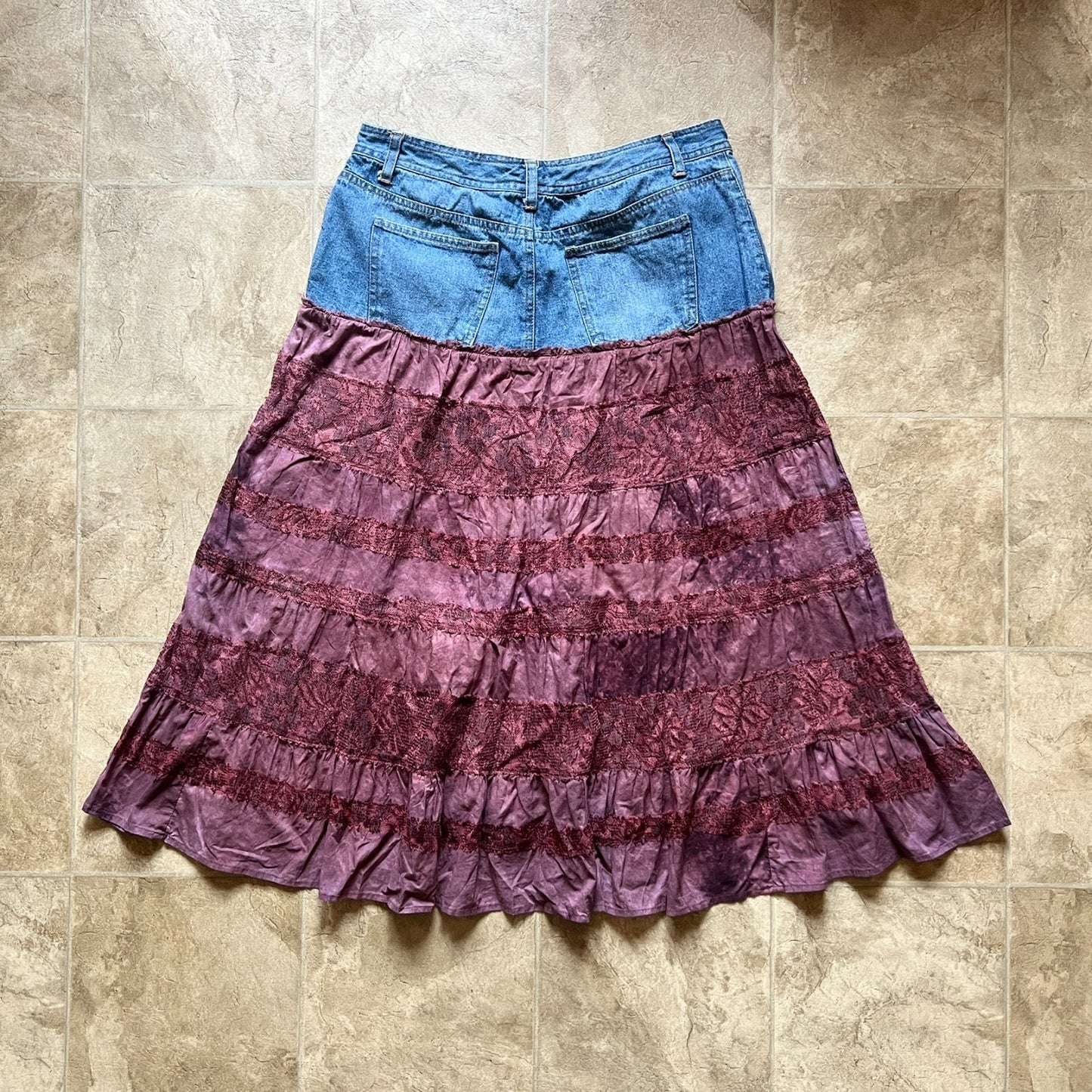 Vintage 90s Bill Blass Womens Denim Maxi Skirt Size 10 Burgundy Lace