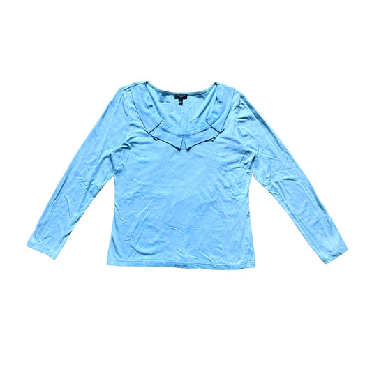 Talbots Womens Blue Ruffled Blouse Size L Pima Cotton Blend Pleated Neckline Feminine
