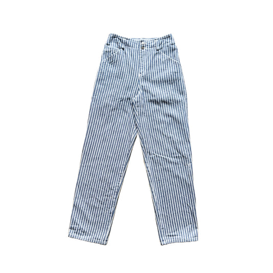 Vintage 90s Lizwear Womens Striped Denim Pants High Waisted Straight Leg Blue White Nautical Coastal