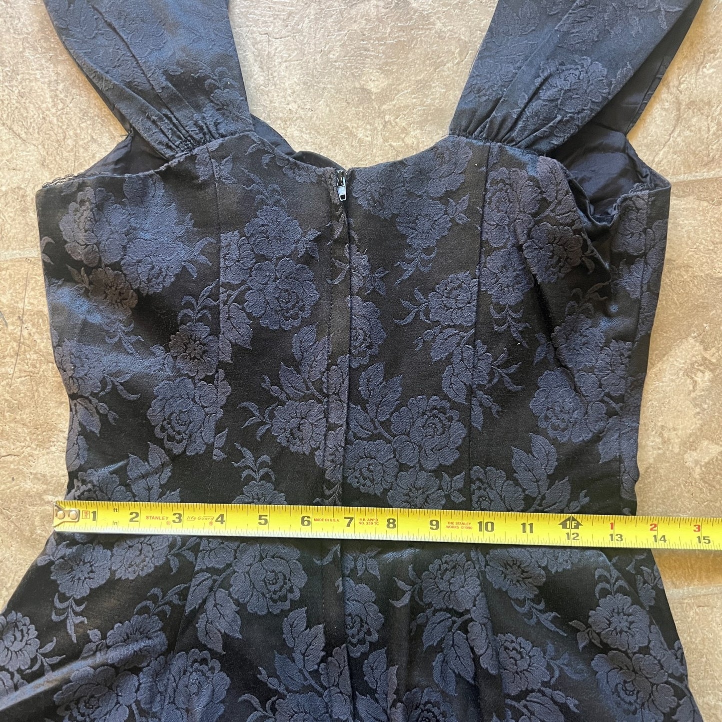 Vintage Roberta Womens Black Floral Jacquard Dress Fit & Flare Scalloped Neckline Tulle Lining Goth Romantic Feminine Whimsigoth Rockabilly