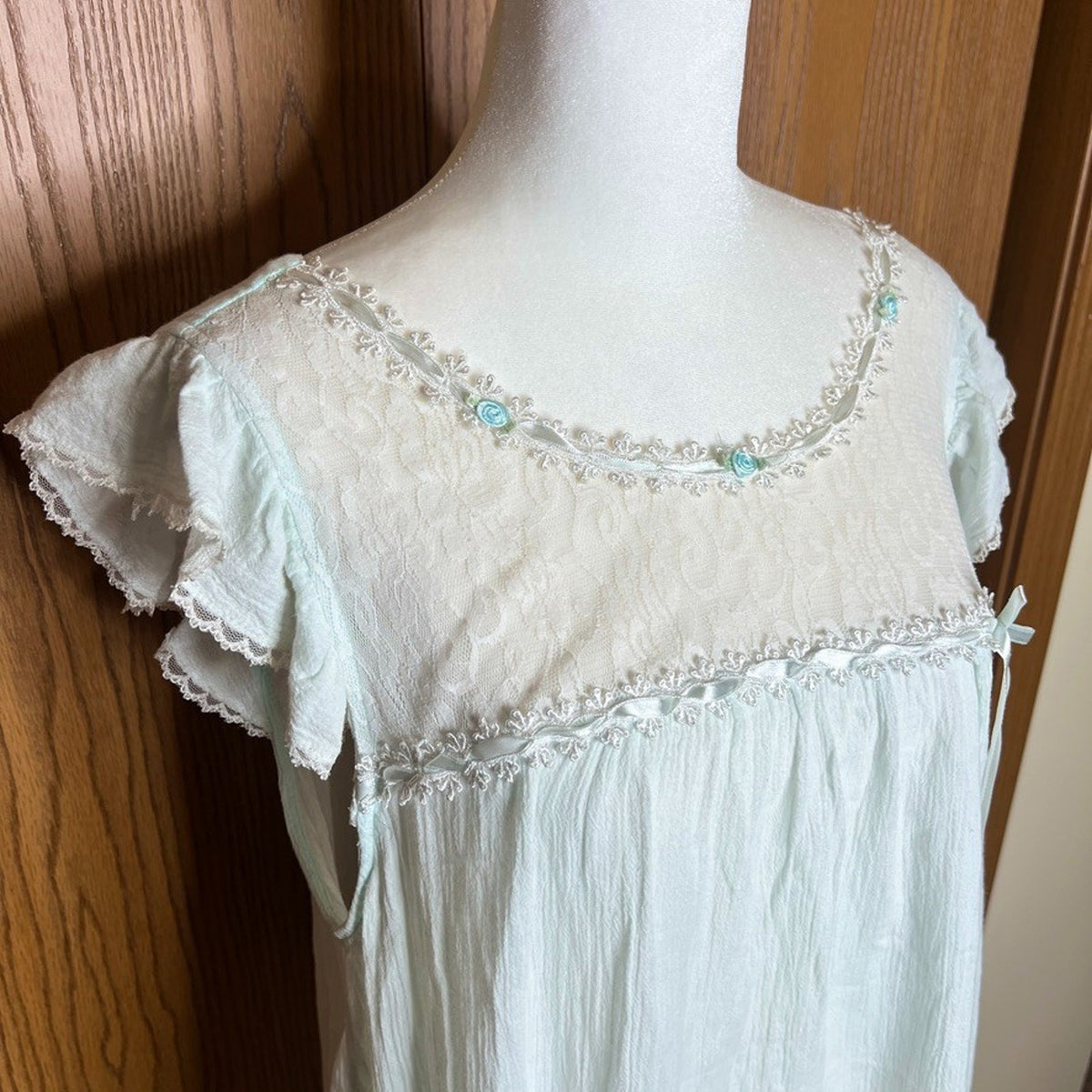 Vtg 90s Moon Dance Nightgown L Blue Rosettes Lace Sheer Coquette Fairy Dainty