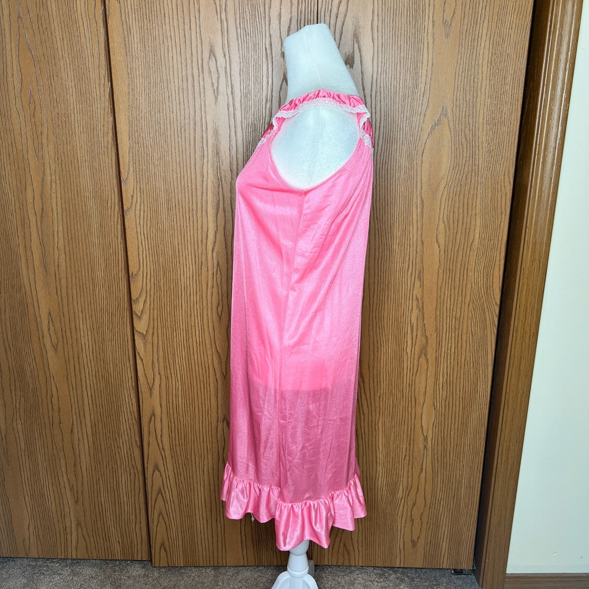Vtg 60s Pink Slip Dress M Satin Ruffled Lace Collar Coquette Soft Girl Feminine