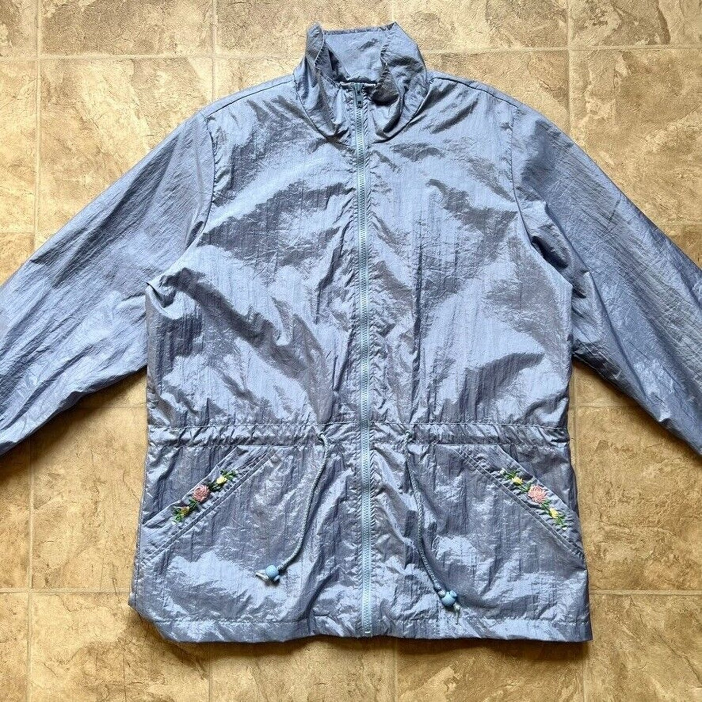 Vintage 80s Blair Womens Windbreaker L Blue Embroidered Flowers Cottage Retro