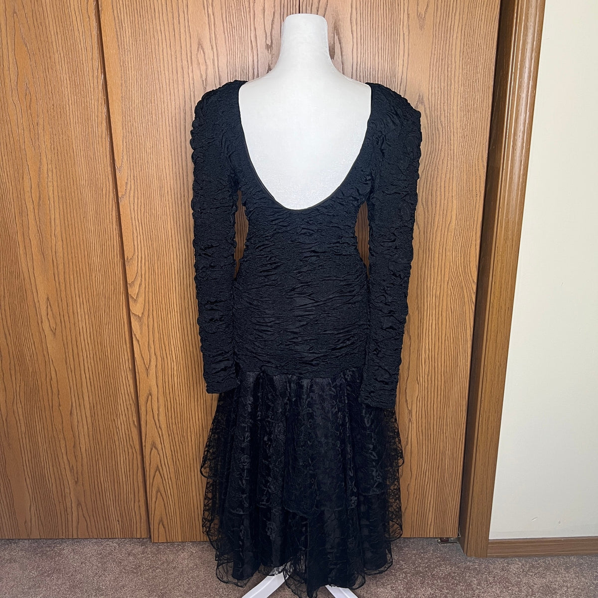 Vtg 80s Frederick's of Hollywood Dress Lace Bow Drop Waist Witchy Goth Halloween