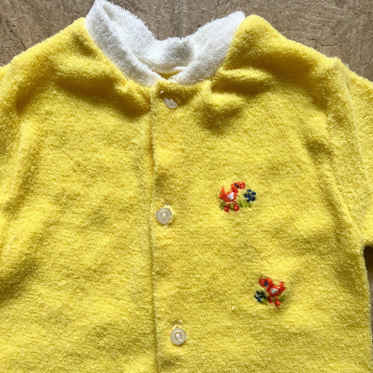 Vtg Terrycloth Sleeper Sunny Yellow Embroidered Dinosaur Retro Kidcore Kitschy