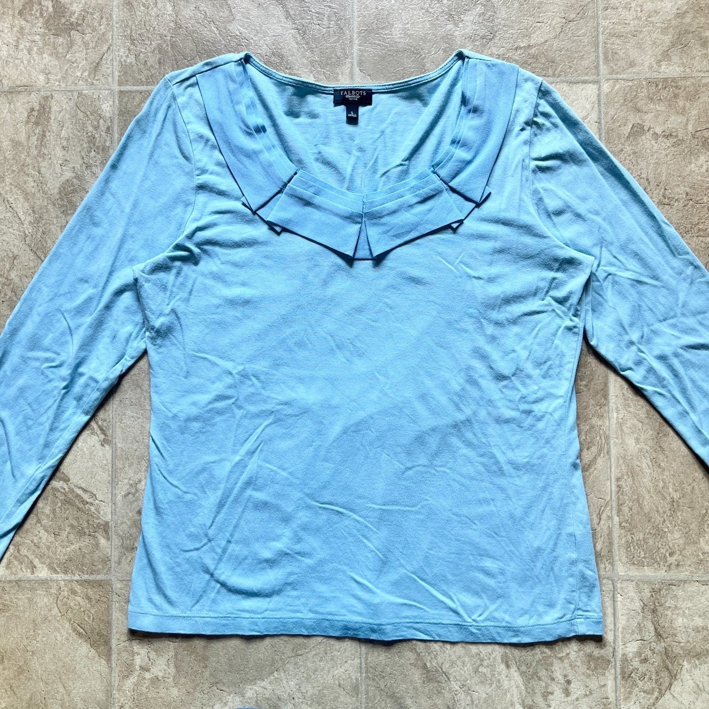 Talbots Womens Blue Ruffled Blouse Size L Pima Cotton Blend Pleated Neckline Feminine
