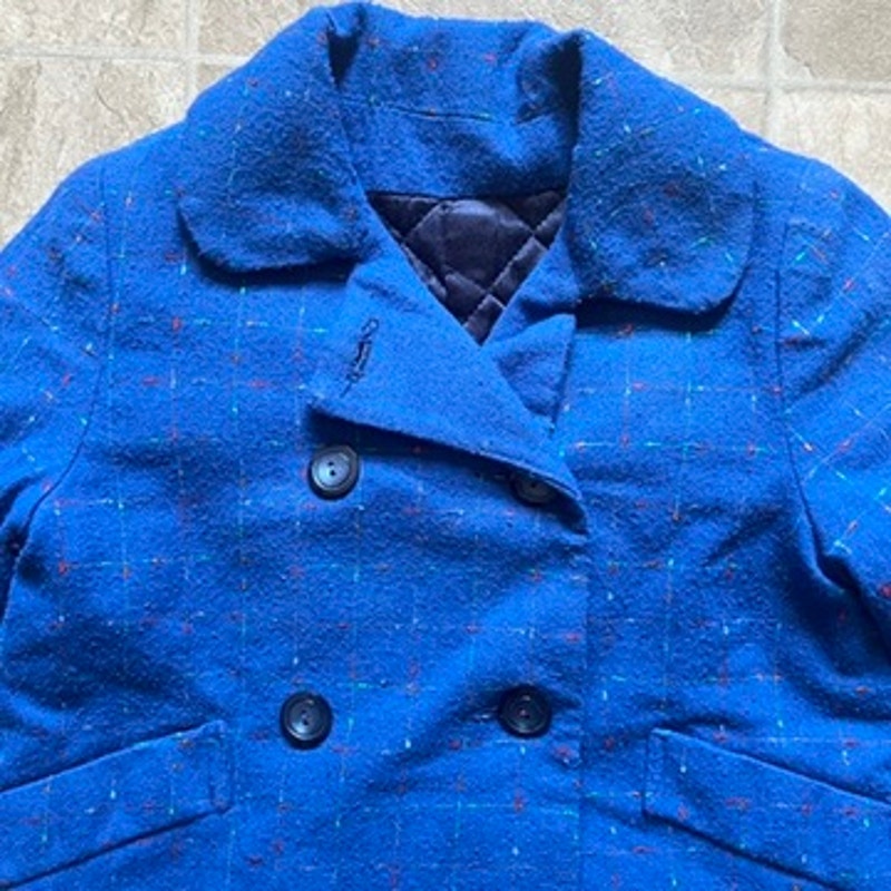 Vintage Girls Pea Coat Royal Blue Checkered Tweed Classic Preppy Academia Winter Holiday