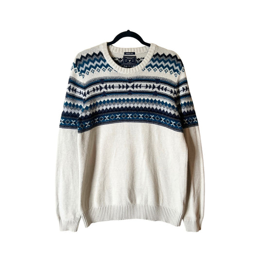 American Eagle Mens Sweater Size L Cream Gray Blue Fair Isle Nordic Holiday Winter Classic