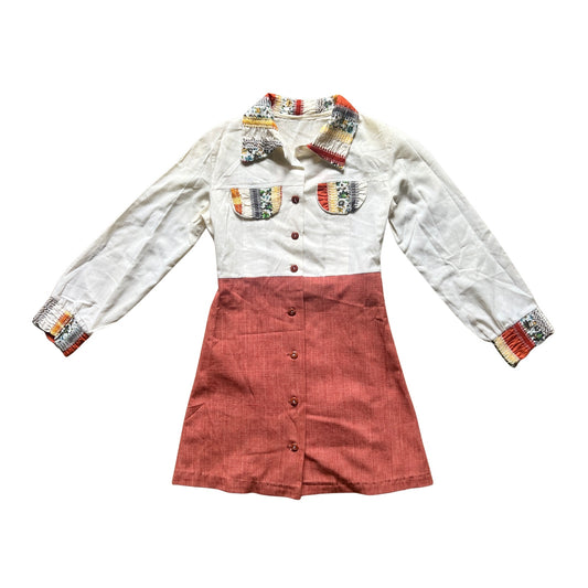 Vtg 70s Girls Western Shirt Dress Patchwork Cottagecore Prairie Rustic Hippie