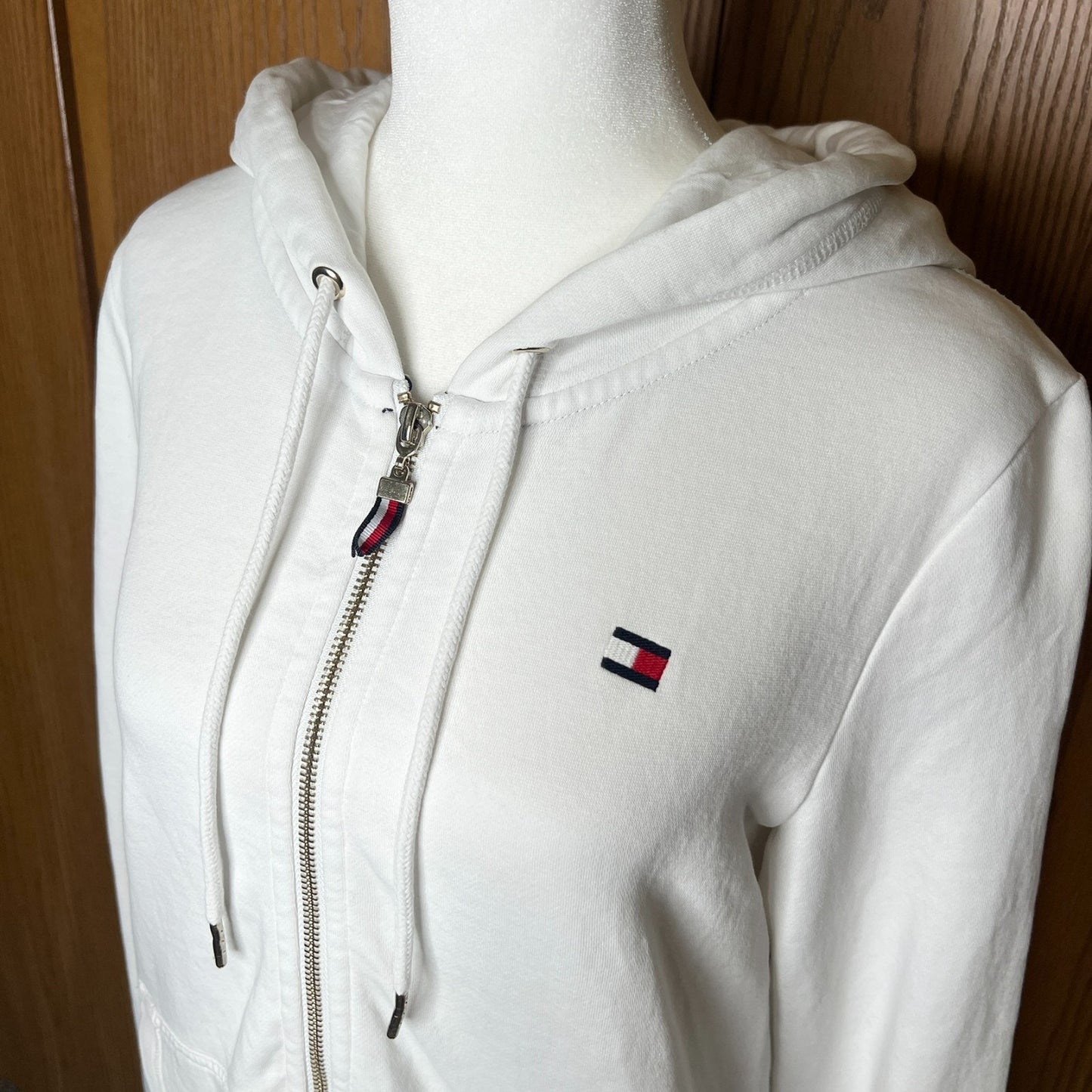 Tommy Hilfiger Full Zip Jacket S White Hooded Embroidered Logo Classic Preppy