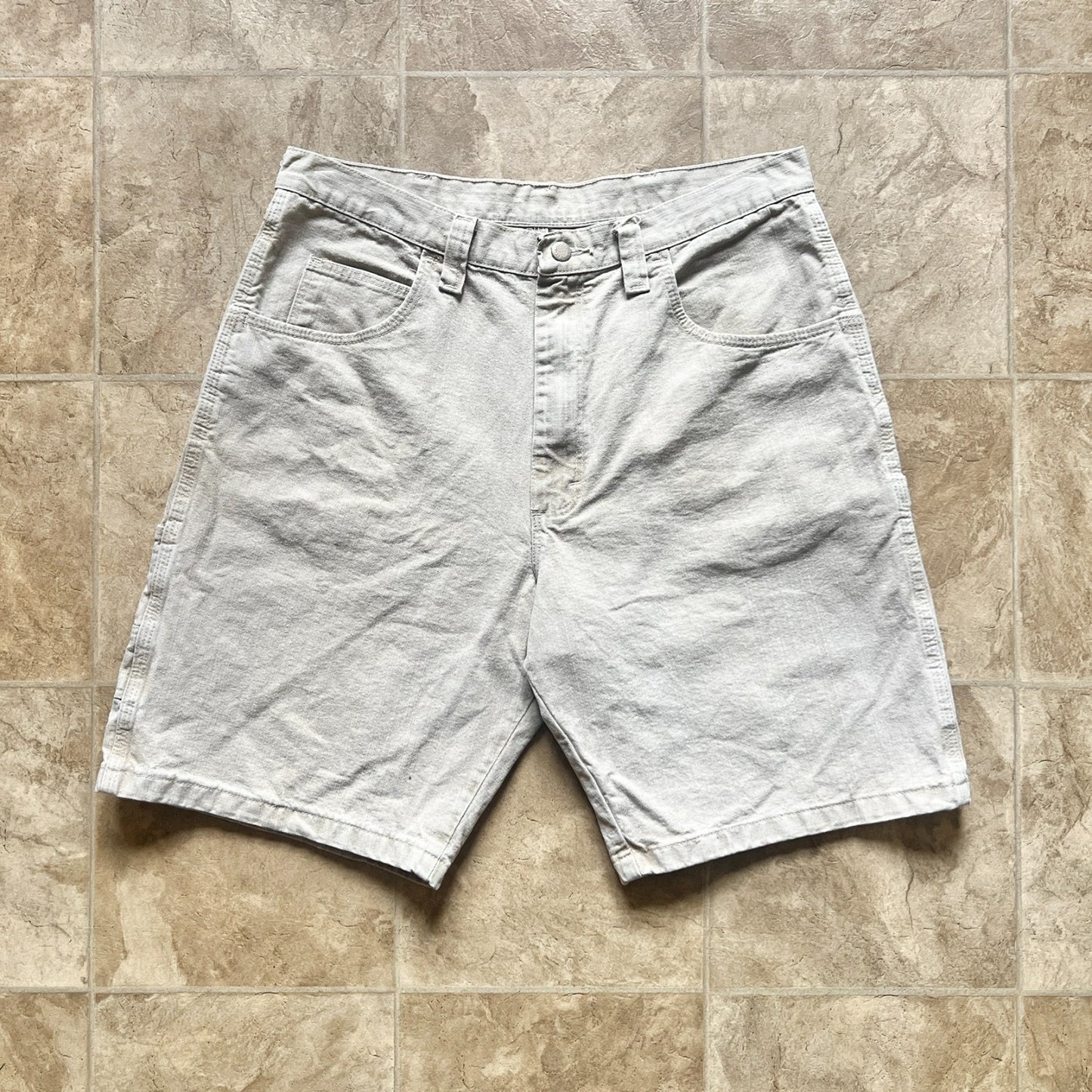 Vtg 90s Wrangler Mens Carpenter Cargo Denim Shorts Beige