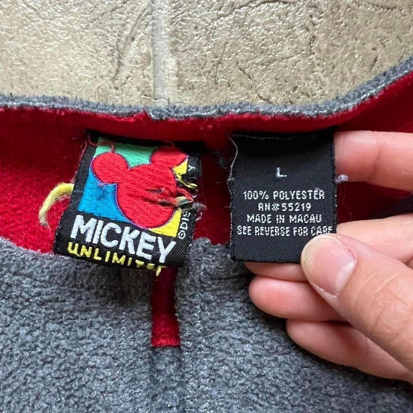 Vintage Mens Mickey Mouse Fleece Sweatshirt Size L Gray Embroidered Front Pocket