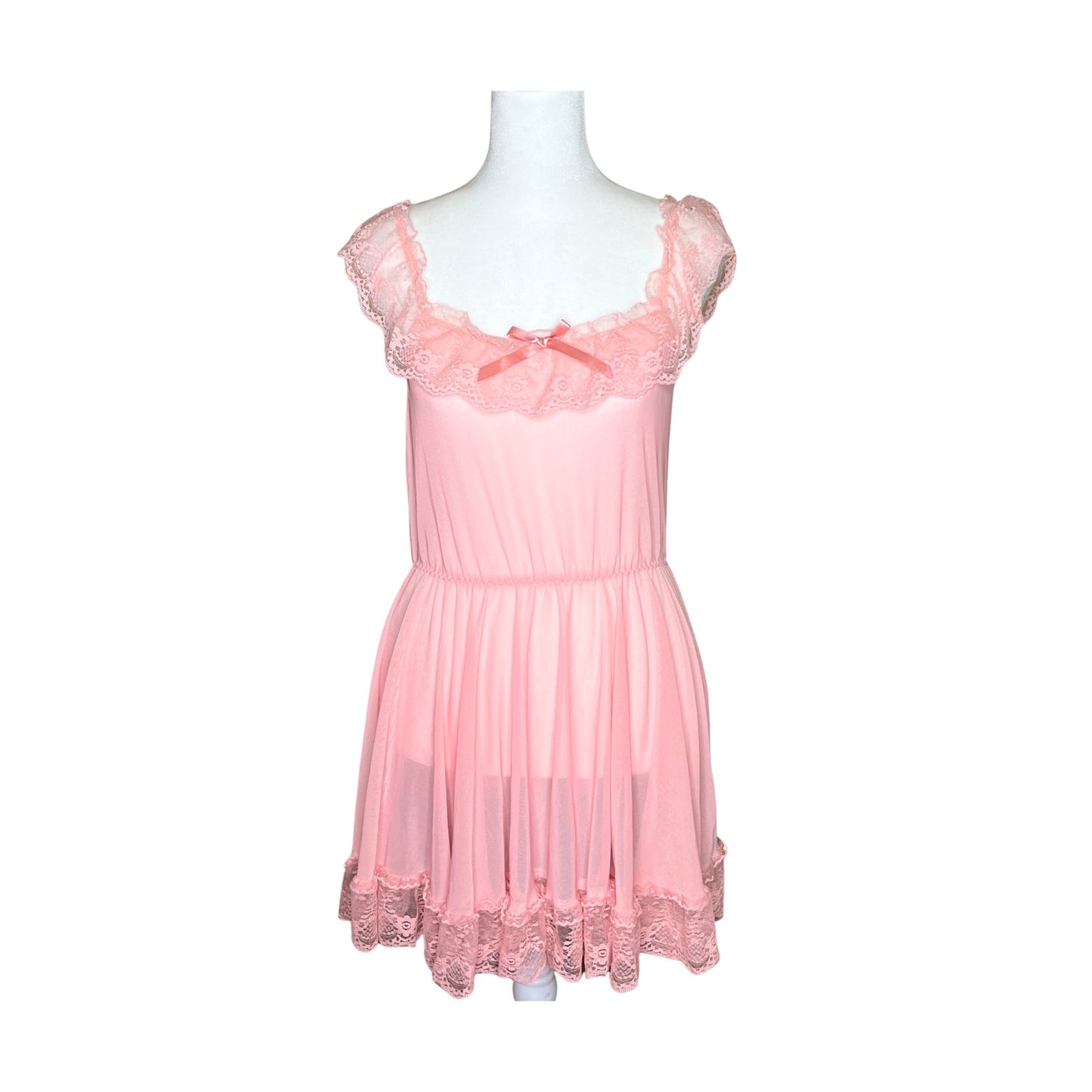 Womens Babydoll Slip Dress L Pink Sheer Lace Bow Coquette Soft Girl Feminine