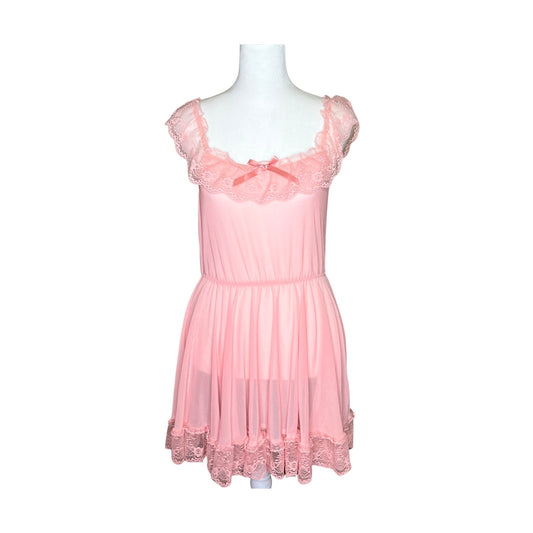 Womens Babydoll Slip Dress L Pink Sheer Lace Bow Coquette Soft Girl Feminine