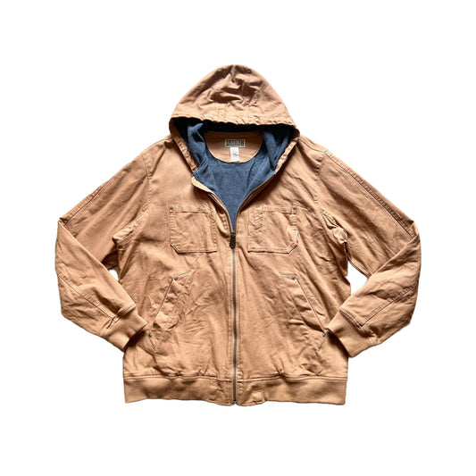 Duluth Trading Mens Canvas Work Jacket Size XL Tall Brown Fleece Lining Hooded