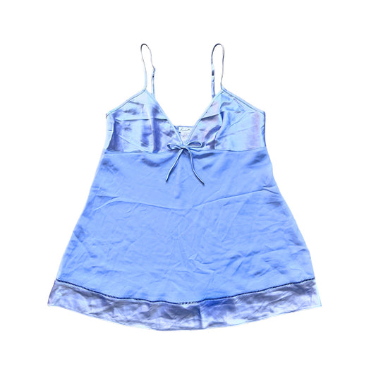 Vintage Y2K Secret Treasures Womens Babydoll Slip Dress Size L Blue Periwinkle Satin Shiny Sheer Ribbon Tie Fairy Romantic