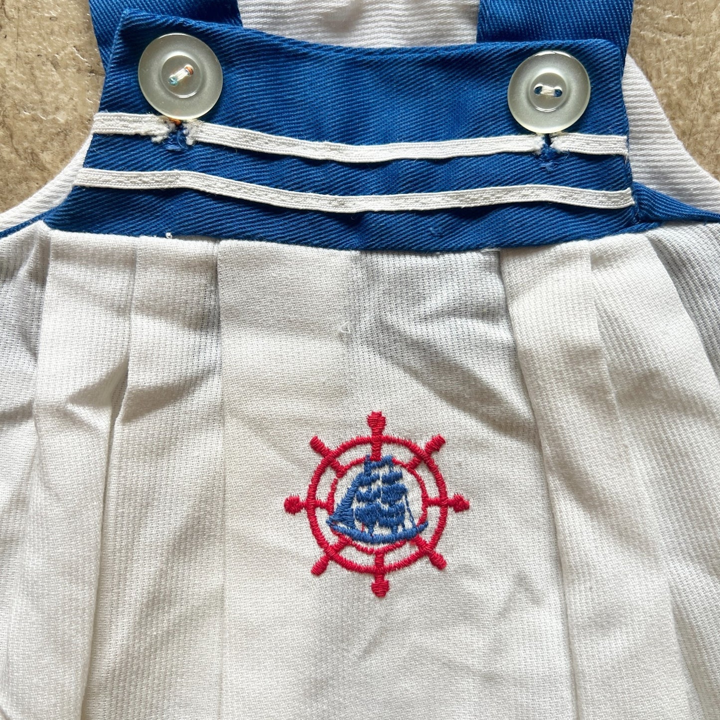 Vtg 80s Baby Sailor Nautical Pinafore Dress Embroidered Beachy Coastal Americana