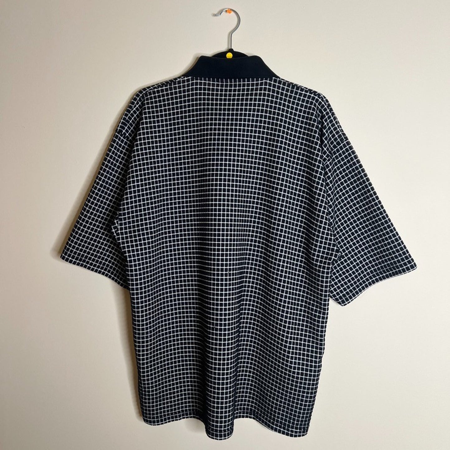 Vtg 90s Nriza Mens Polo Shirt XL Black White Plaid Preppy Golf Mod Minimalist