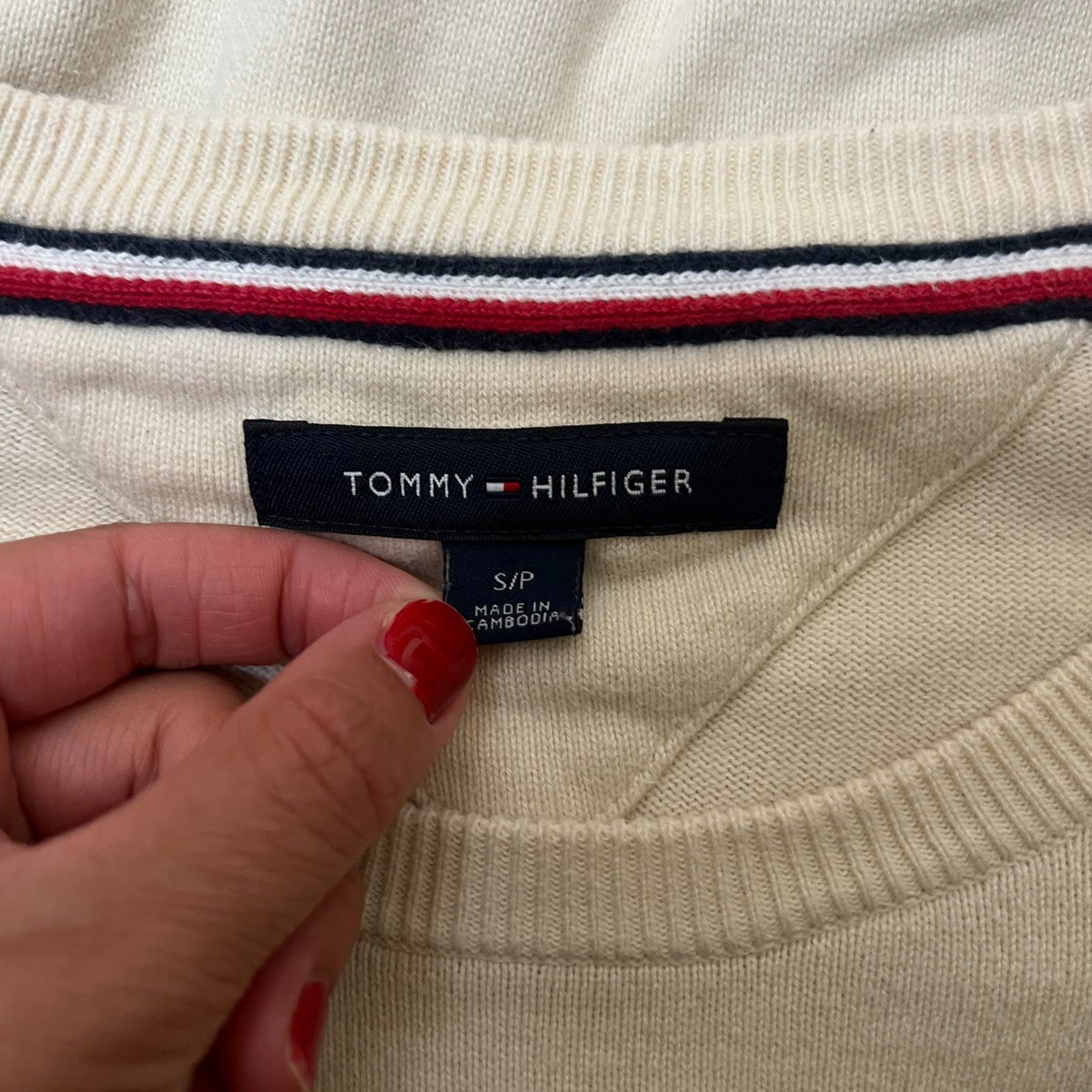 Tommy Hilfiger Sweater S Cream Chest Stripe Preppy Classic Minimalist Academia