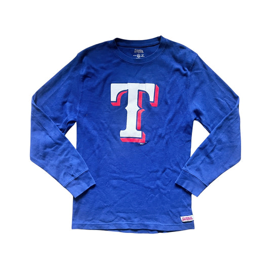 MLB Texas Rangers Stitches Mens Waffle Knit Thermal Shirt Size M Blue Red Logo Fitted Baseball Sports Classic
