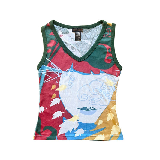Vintage Y2K Hayes Custo Barcelona Womens Tank Top Size S Green Multi-color All Over Print Fitted Euro Rave Festival Artsy