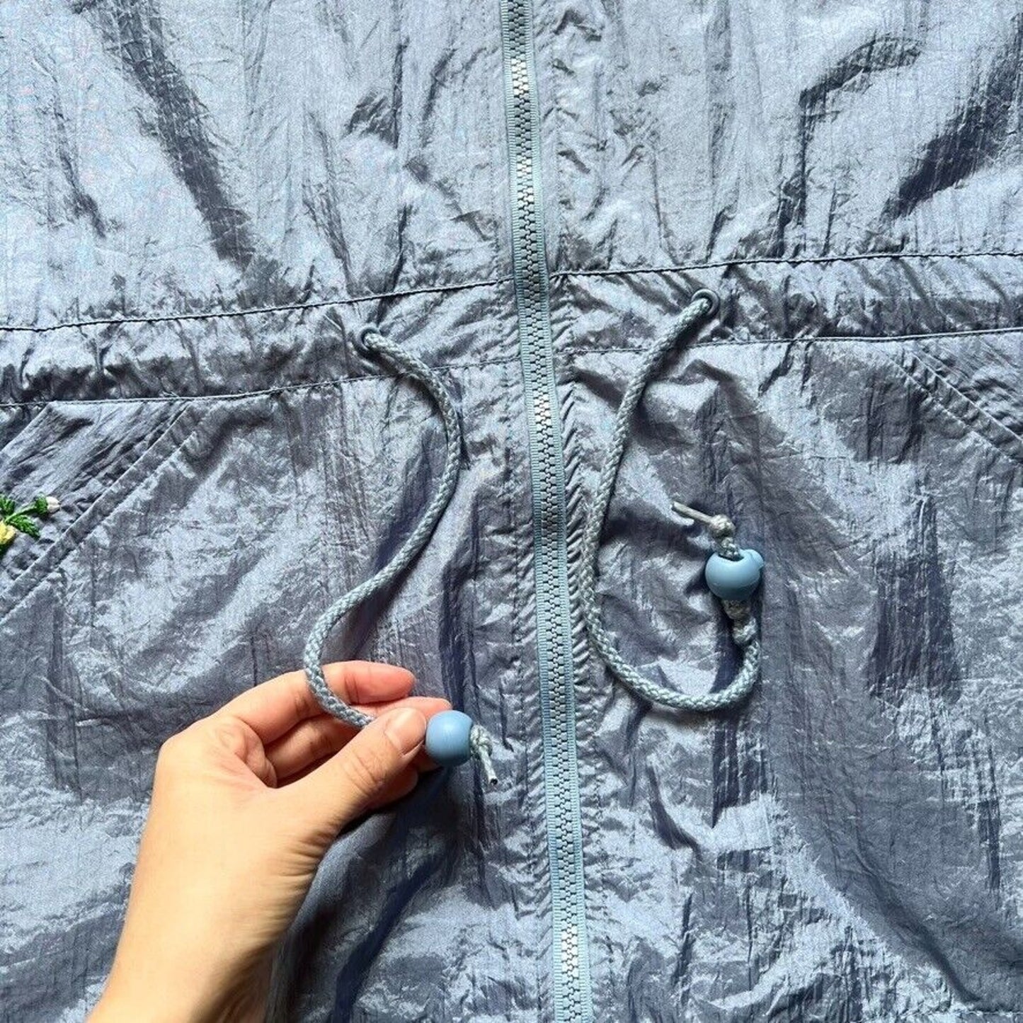 Vintage 80s Blair Womens Windbreaker L Blue Embroidered Flowers Cottage Retro