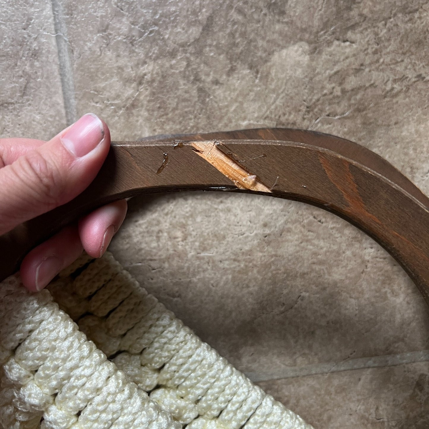 Vintage Macrame Wooden Handle Bag Crochet Cream Floral Lining