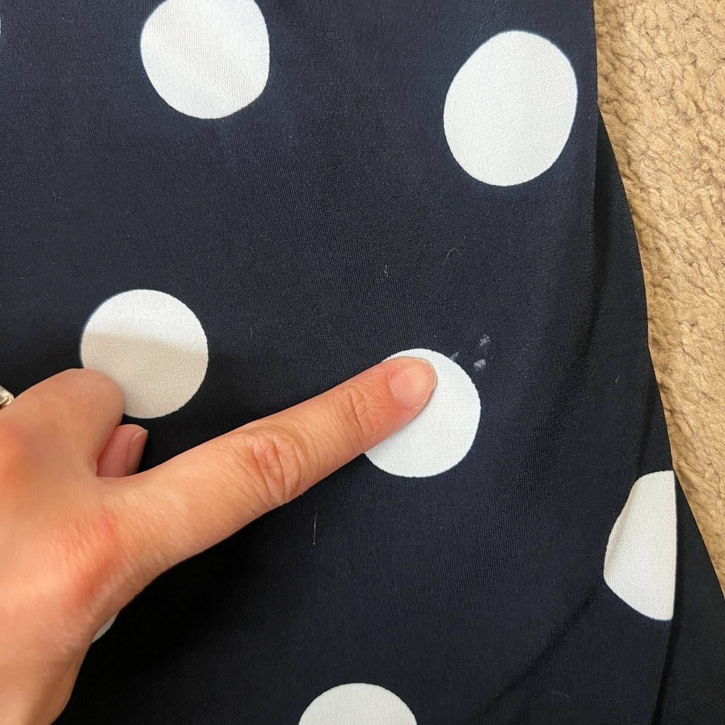 Premise Studio Polka Dot Top M Navy Ruched Slinky Twee Preppy Nautical Classic
