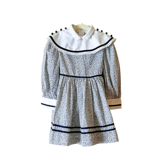 Vtg 70s Alyssa Girls Dress Size 4 White Black Microfloral Cottagecore Holiday Dainty